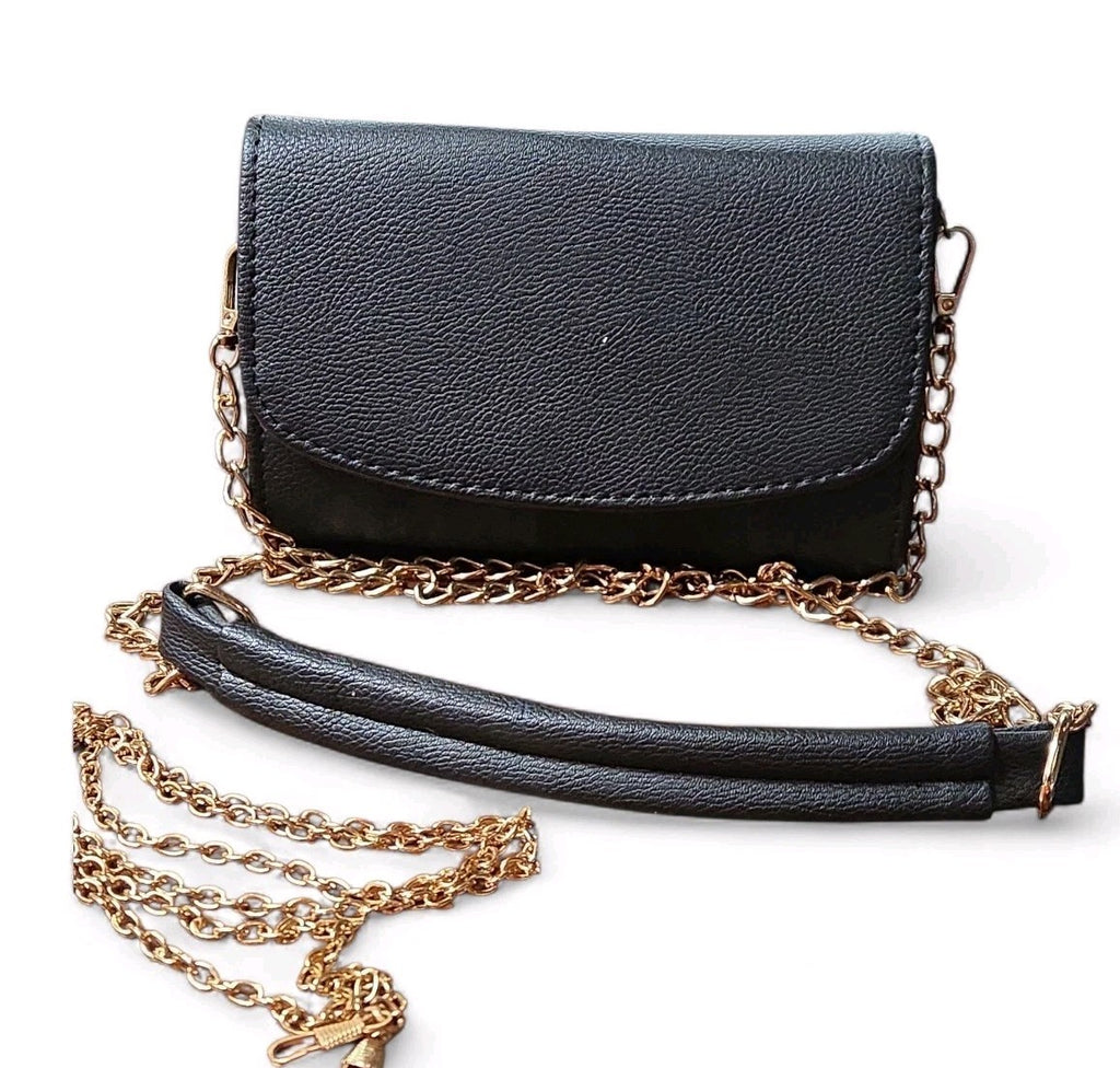 Leather Convertible Crossbody Clutch Chain Black Bag With Extra Small link Chain