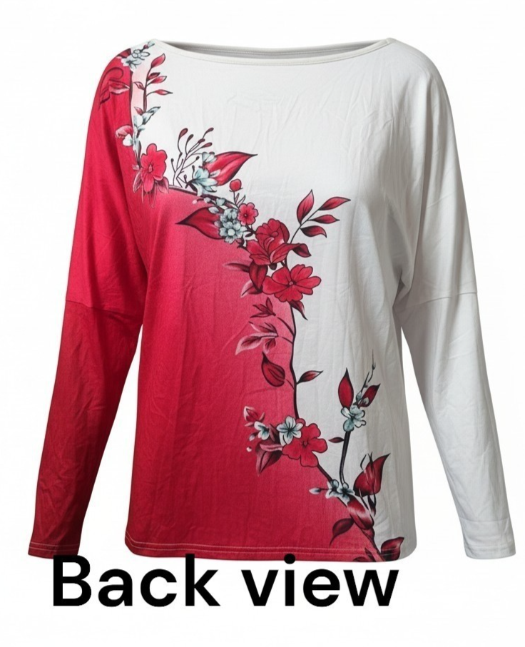 Floral Asymmetrical Neck Long-Sleeve Polyester-Spandex Tee In Red & White Size L