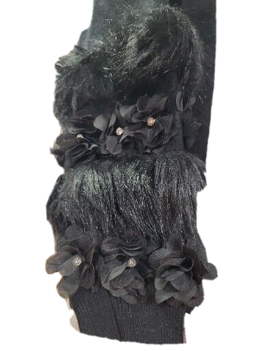 Black Rhinestone And Flower Accents And Faux Fur Cardigan Open Front