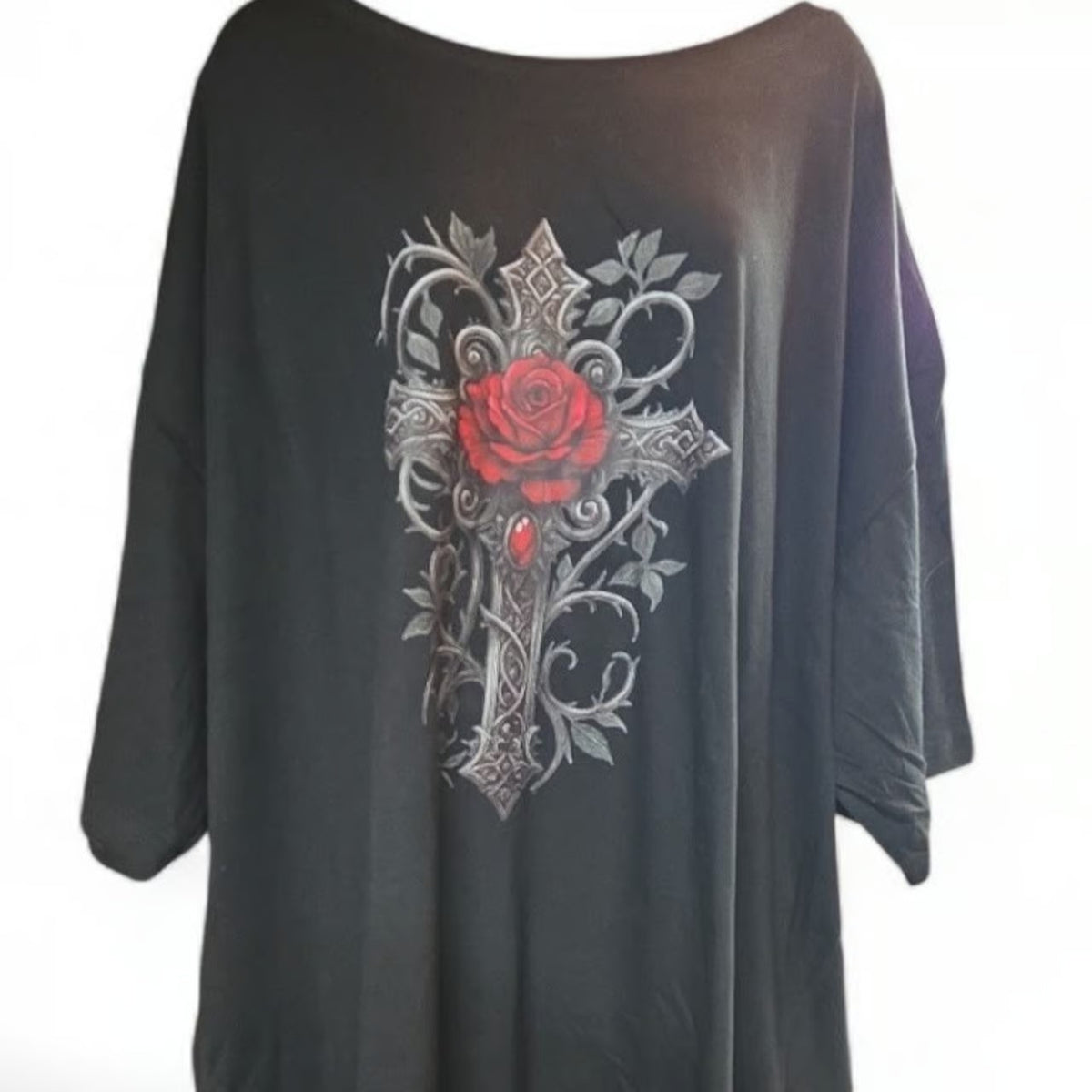 Black Cross and Roses Graphic V Neck Short Sleeve Over Sized Tee Shirt