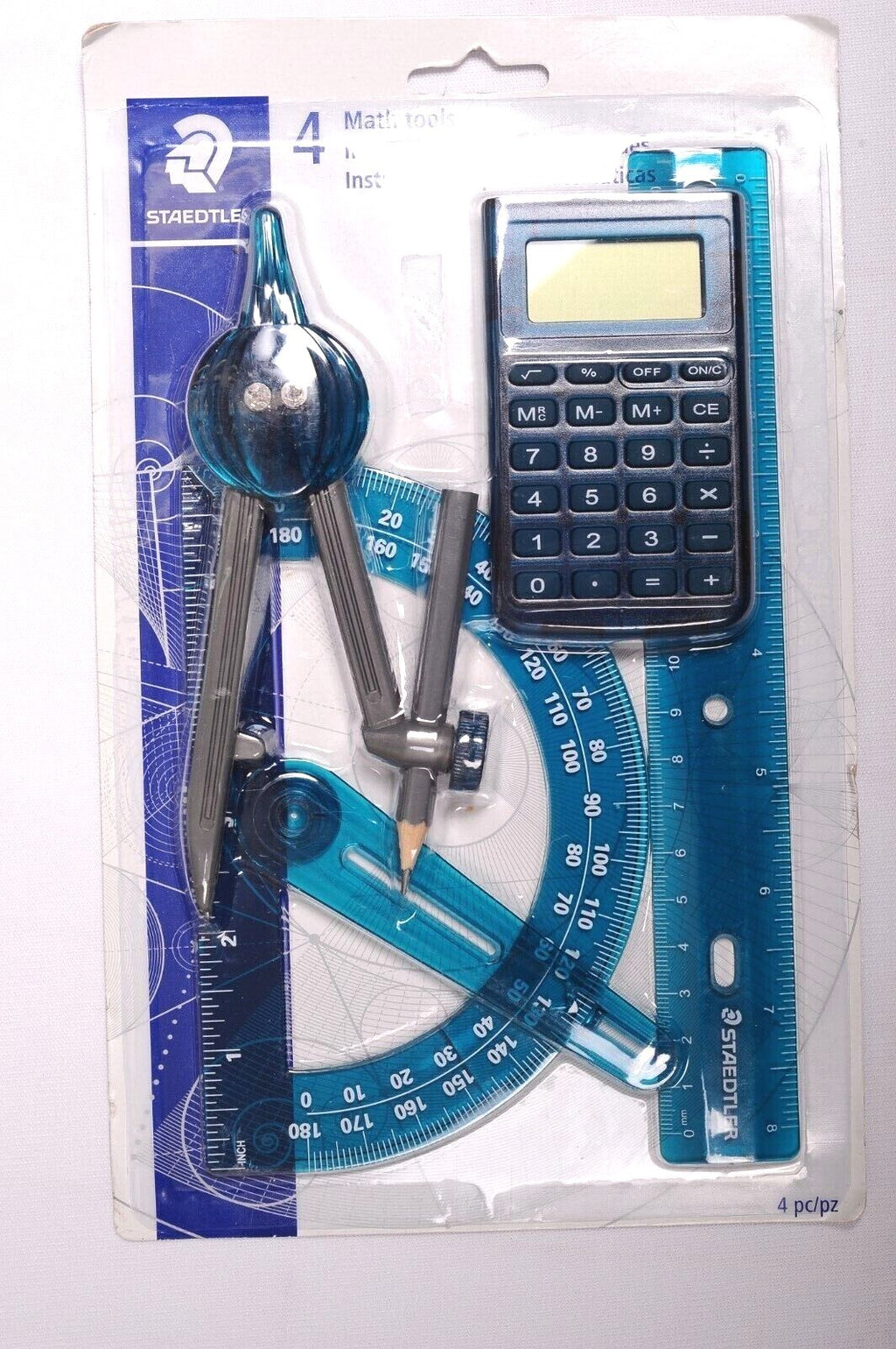 Staedtler 4 Piece Set Math Instruments Ruler Protractor Compass Calculator