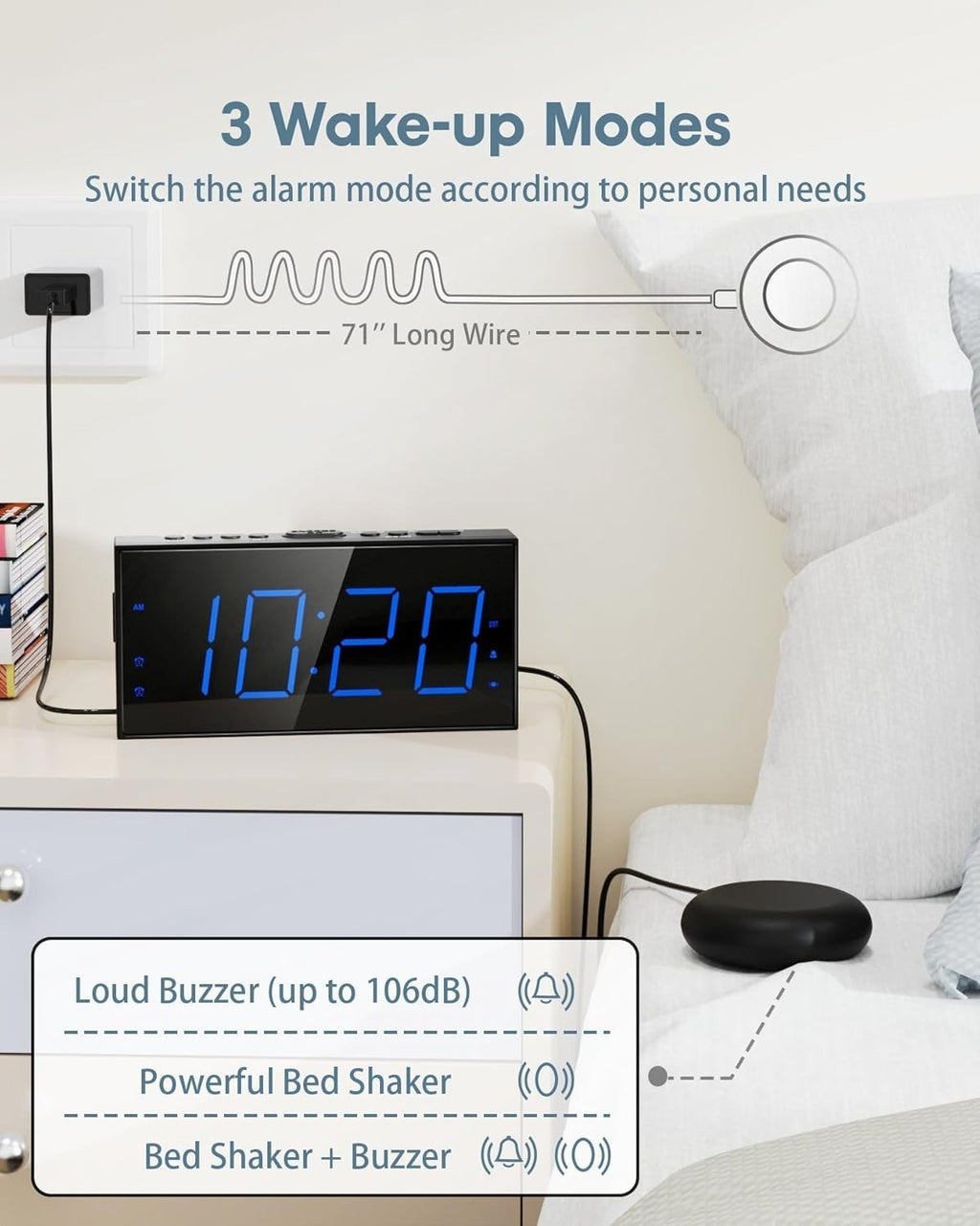Roxicosly Loud Alarm Clock with Bed Shaker, Vibrating Alarm Clock for Heavy Slee