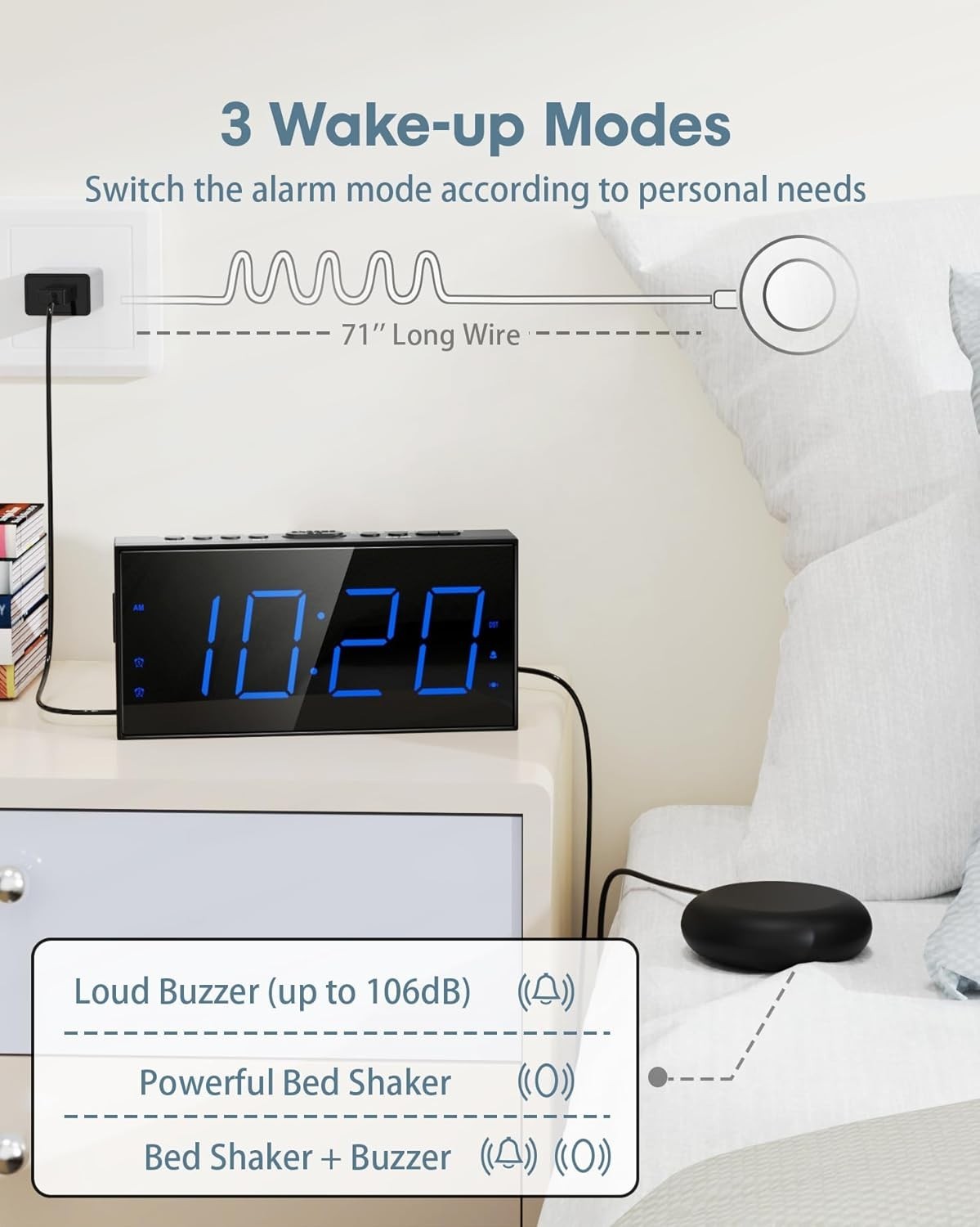Roxicosly Loud Alarm Clock with Bed Shaker, Vibrating Alarm Clock for Heavy Slee