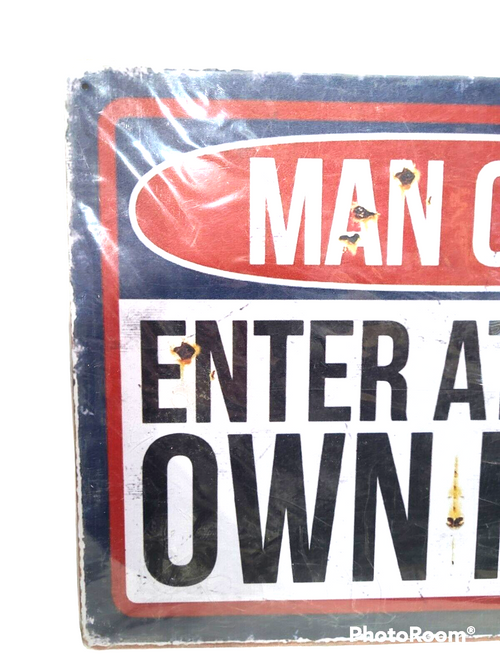 Aluminum Man Cave Enter At Your Own Risk Man Cave Shop 16"x12" Metal Sign