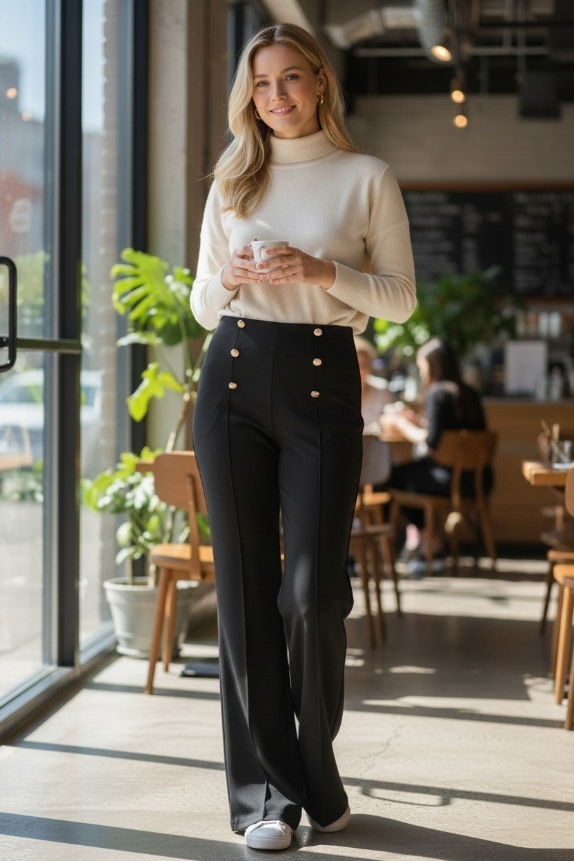 Ladies Casual Black Slacks with Front button Decor Size L