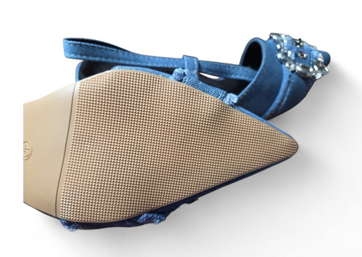 Womens Fashion Pointy Toe Buckle Strap Fringe Denim Sandals Kitten Heel