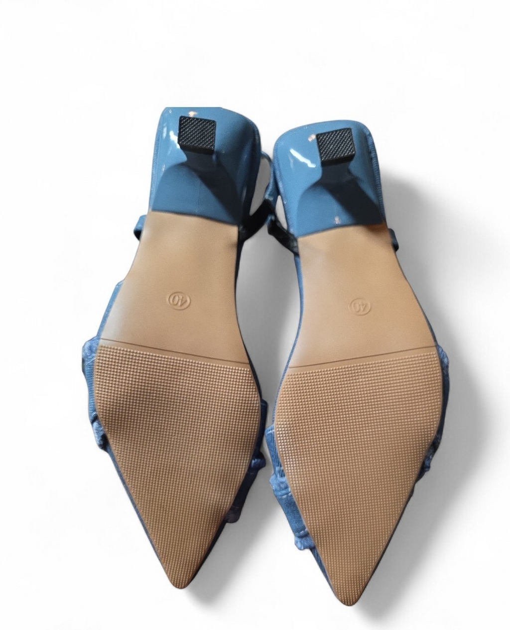 Womens Fashion Pointy Toe Buckle Strap Fringe Denim Sandals Kitten Heel