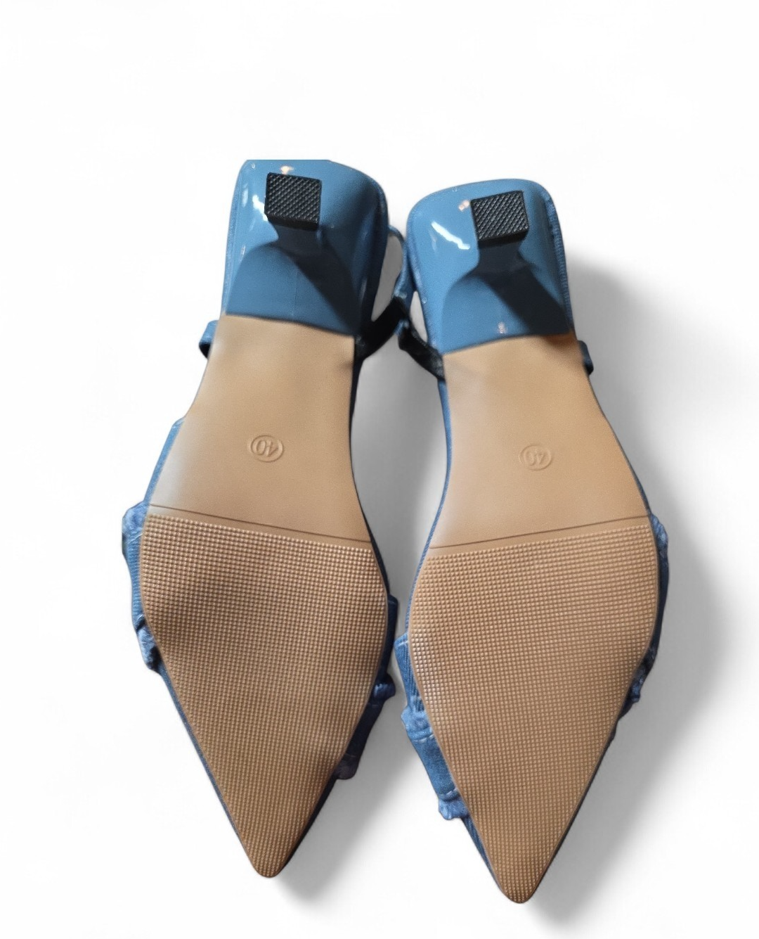 Womens Fashion Pointy Toe Buckle Strap Fringe Denim Sandals Kitten Heel