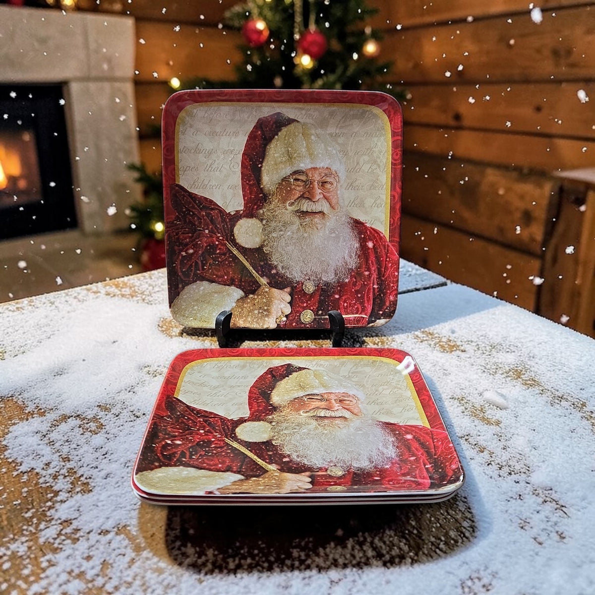Melamine Rectangle Red Christmas Serving Plates Santa Sac Full Of Toys LOT OF 4