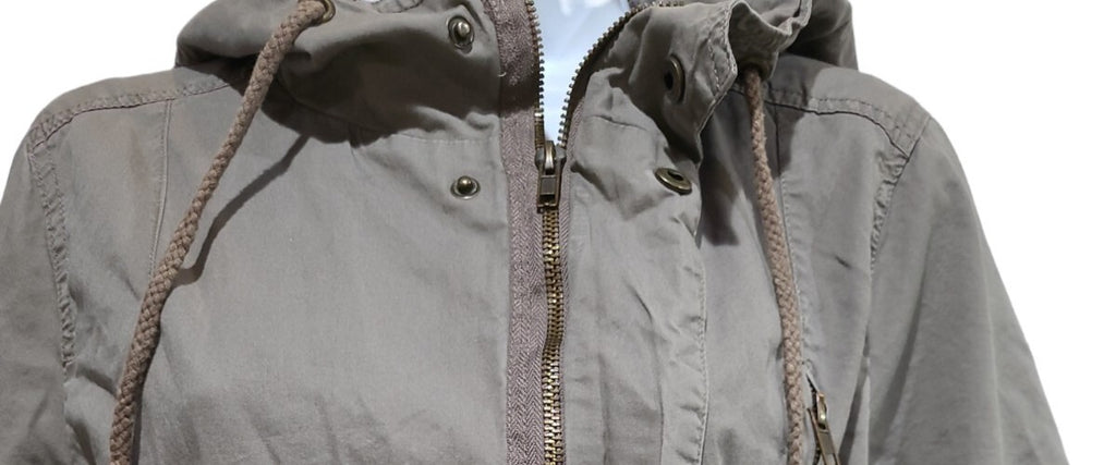 Sans Souci Jacket Utility Womens   LT Brown Pockets Full Zip Snap Hooded Size M