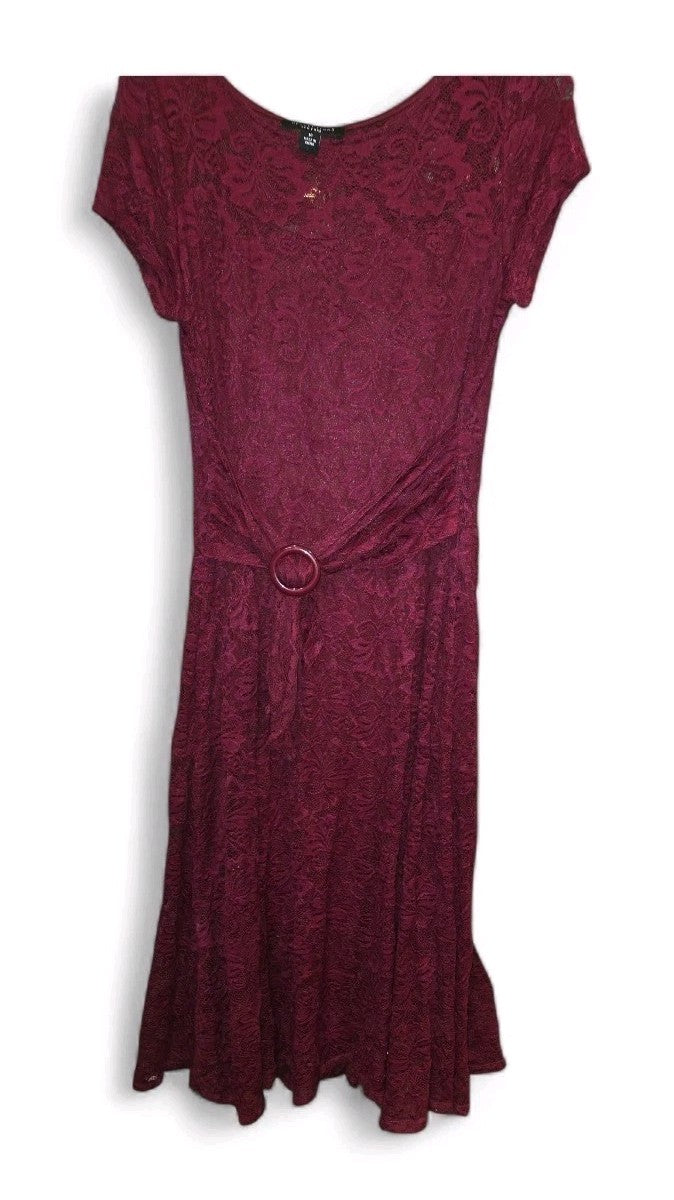 Perceptions Cranberry Lace A-line Fit & Flahe Dress Women Size 14 Short Sleeve