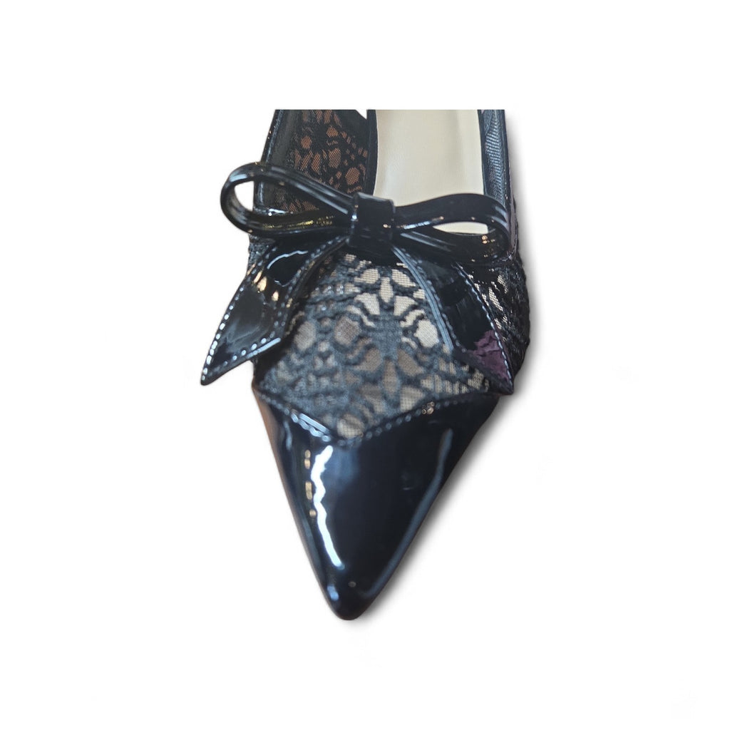Women's Black Patent Heels Bowknot Pointed Toe Slingback Sz 41 Classy Elegant