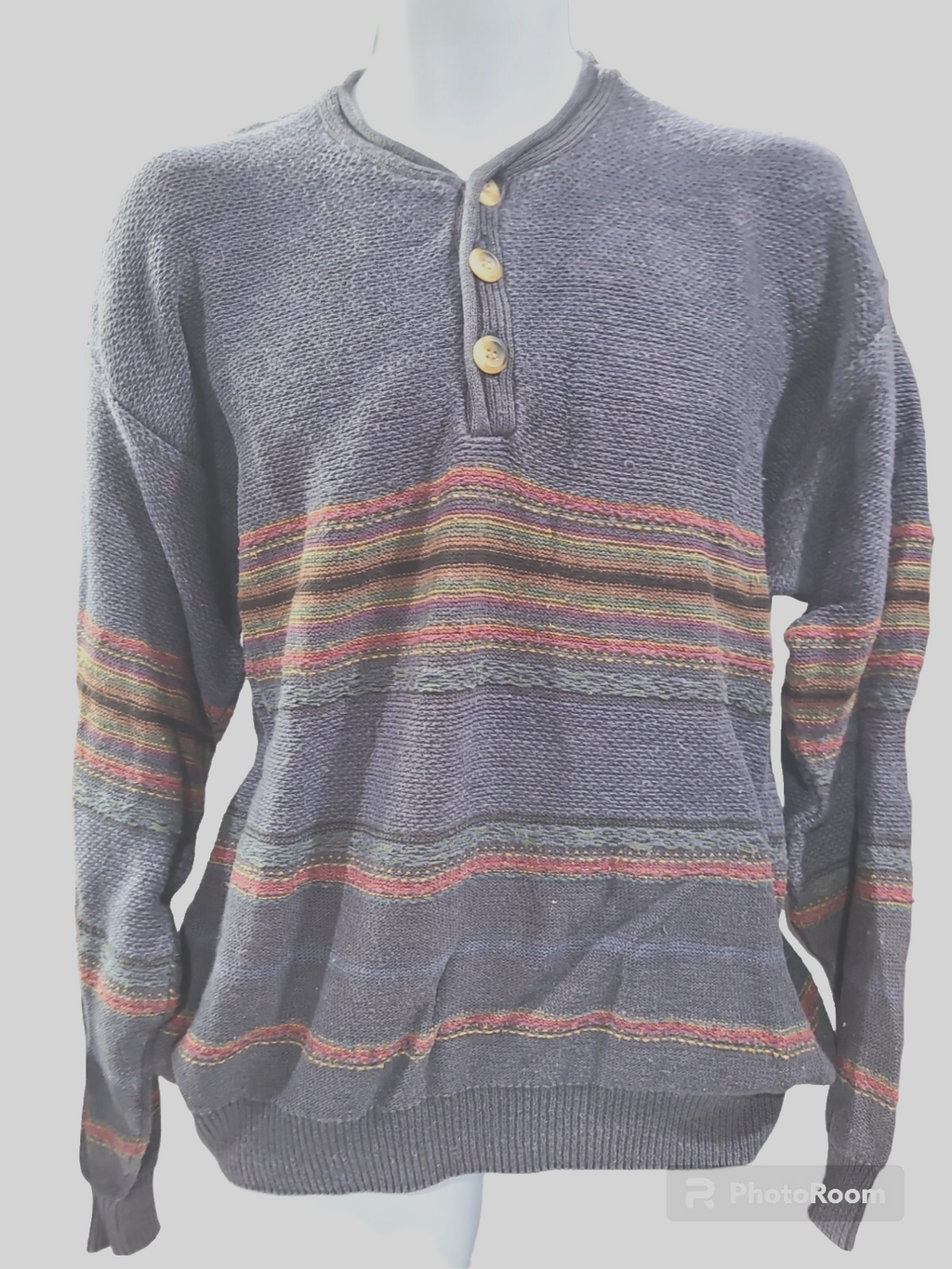 ETCHINGS HEATHER BLUE WITH STRIPES MENS SWEATER LARGE❄️