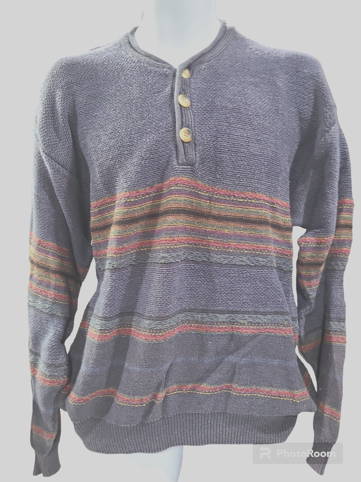ETCHINGS HEATHER BLUE WITH STRIPES MENS SWEATER LARGE❄️