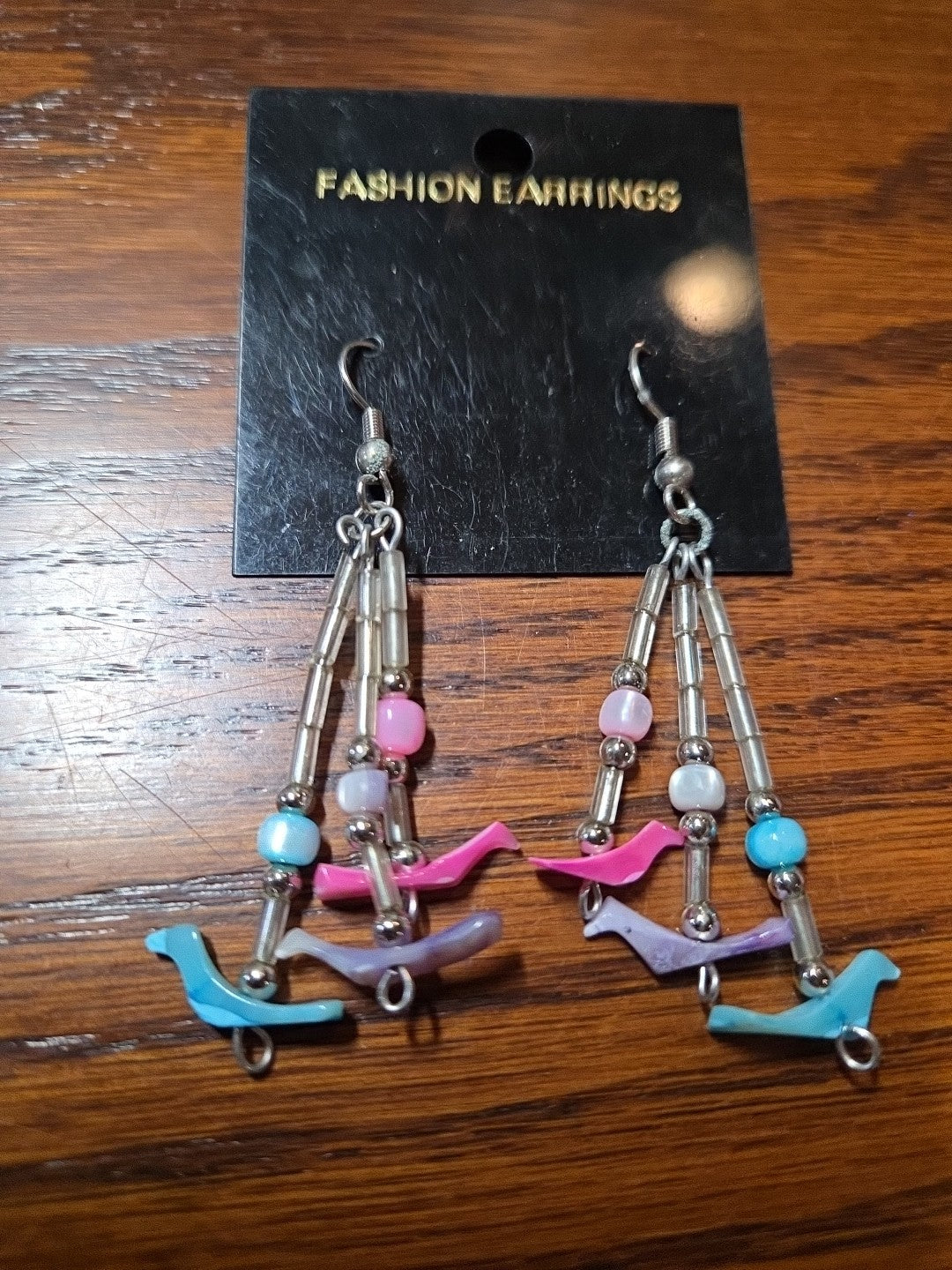 Turquoise, Pink, White Carved  Bird Dangle Pierced  Fashion Earrings