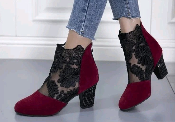 Black Floral Mesh & Violet Outer Women’s High Heel Goth Zip Back Shoes 10.5/41