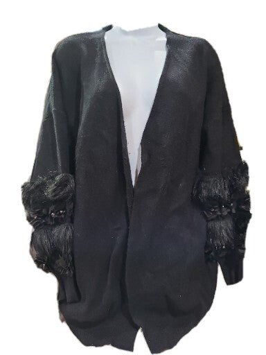 Black Rhinestone And Flower Accents And Faux Fur Cardigan Open Front