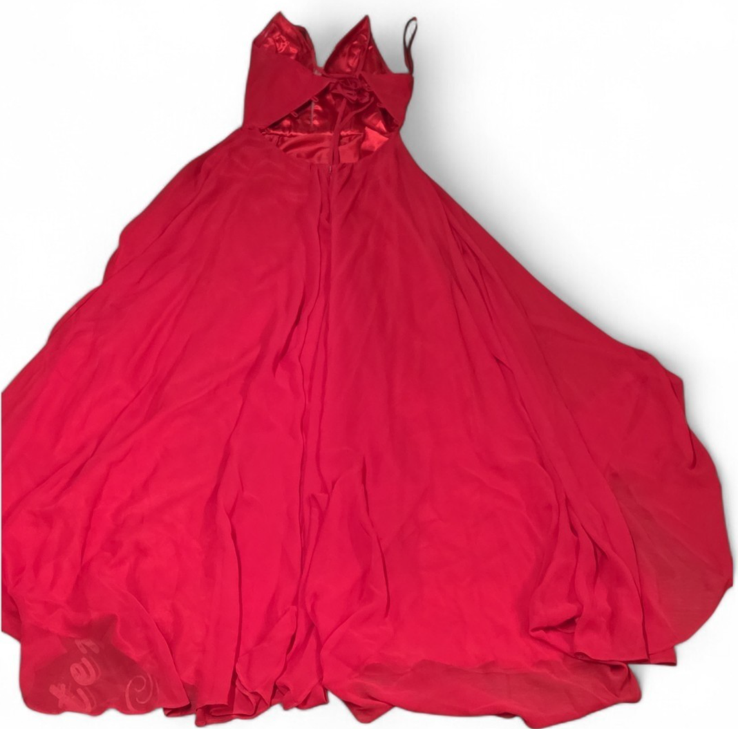 FAVIANA Women's Illusion Plunge Chiffon Gown Red Prom Maxi Dress V Neck Formal 0