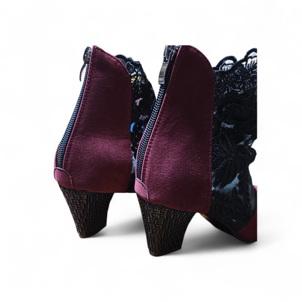 Black Floral Mesh & Violet Outer Women’s High Heel Goth Zip Back Shoes 10.5/41