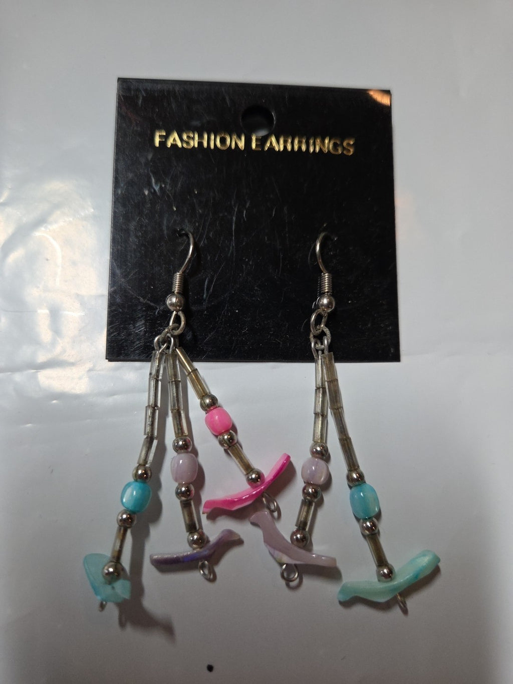Turquoise, Pink, White Carved  Bird Dangle Pierced  Fashion Earrings