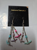 Turquoise, Pink, White Carved  Bird Dangle Pierced  Fashion Earrings