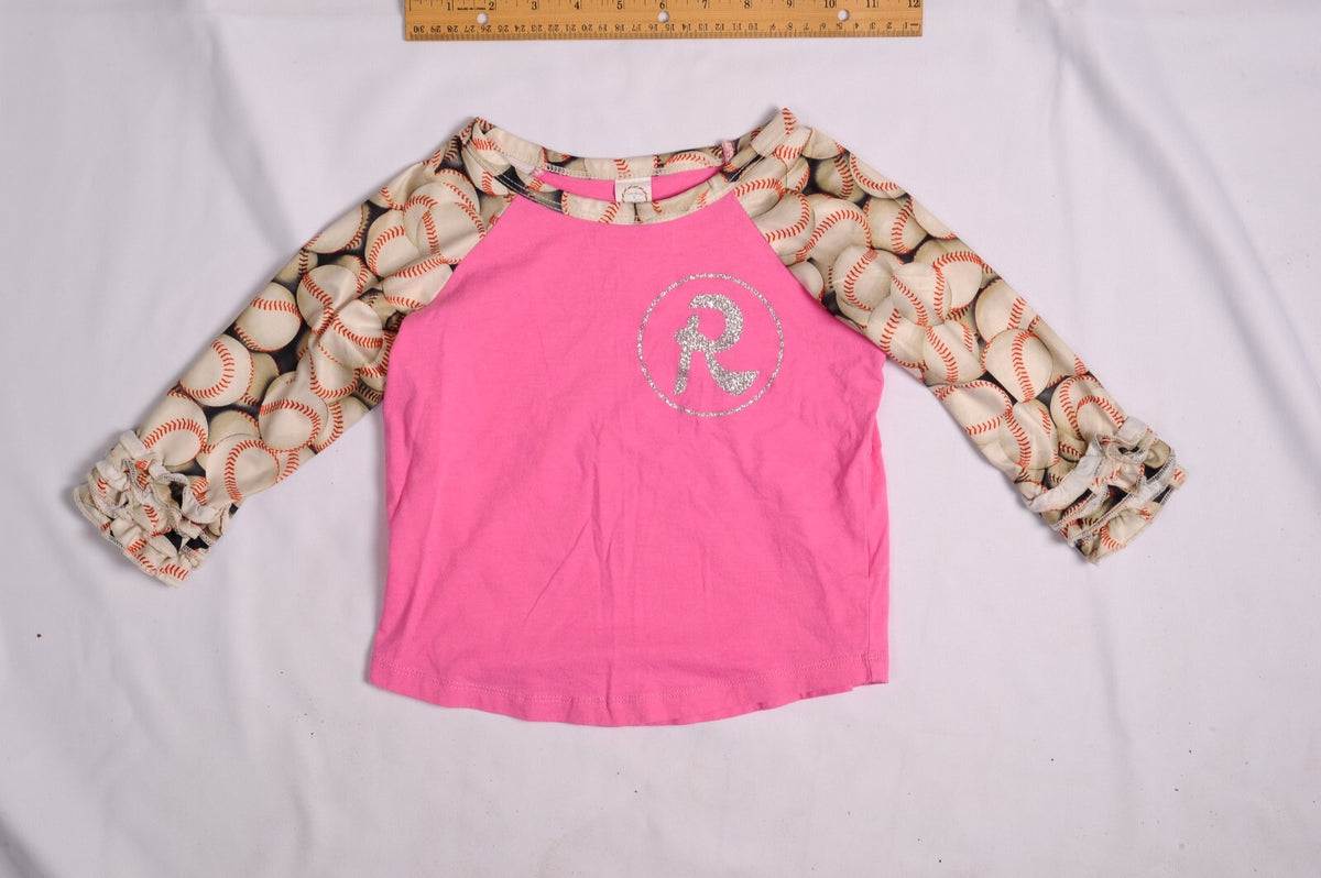Sunshine & Rodeos Pink with glitter R baseball T shirt