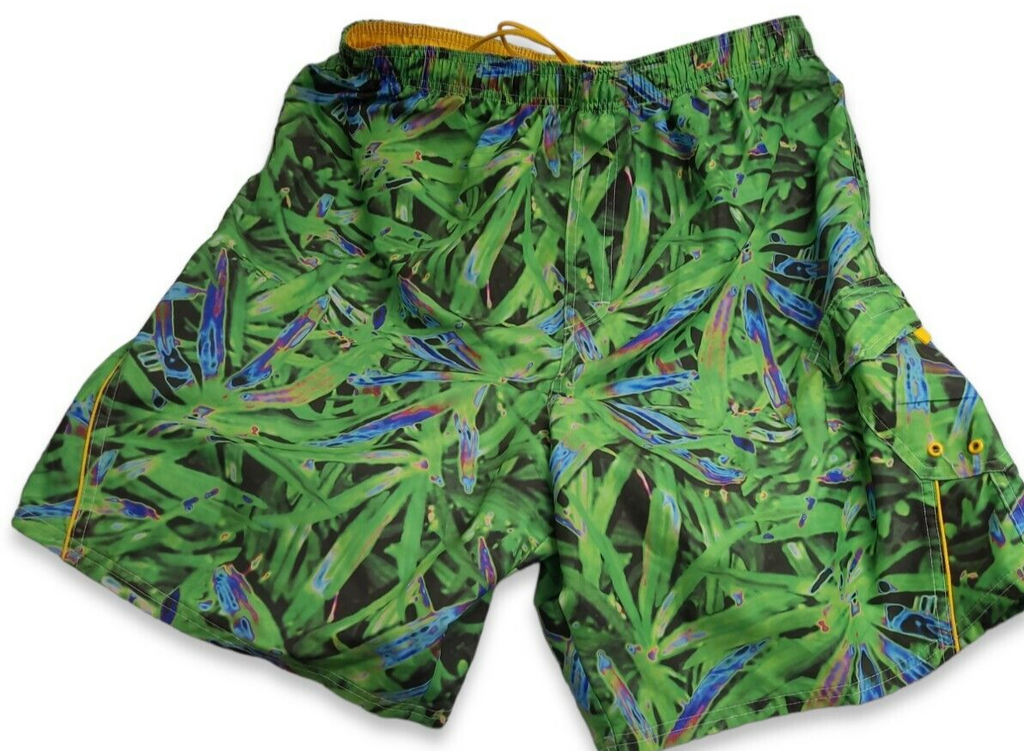 East West mens green & yellow swim trunks size Large