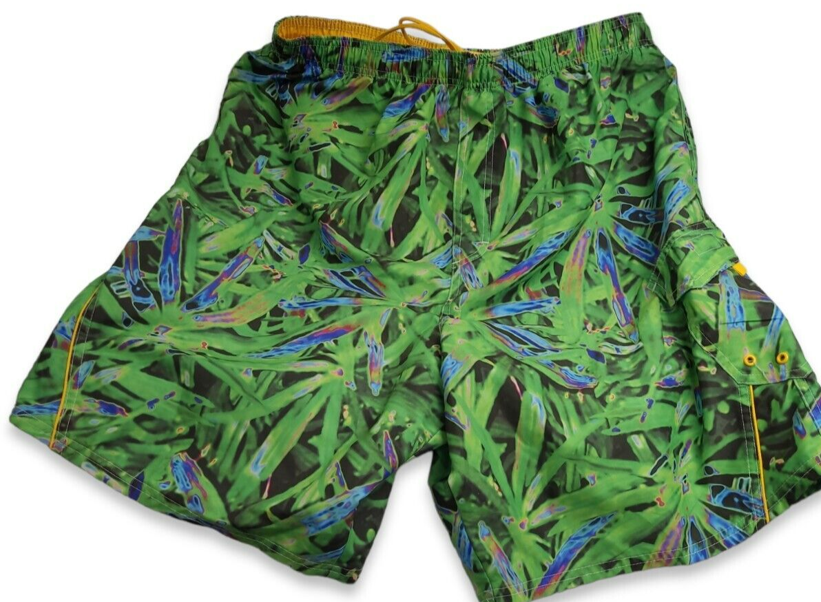 East West mens green & yellow swim trunks size Large