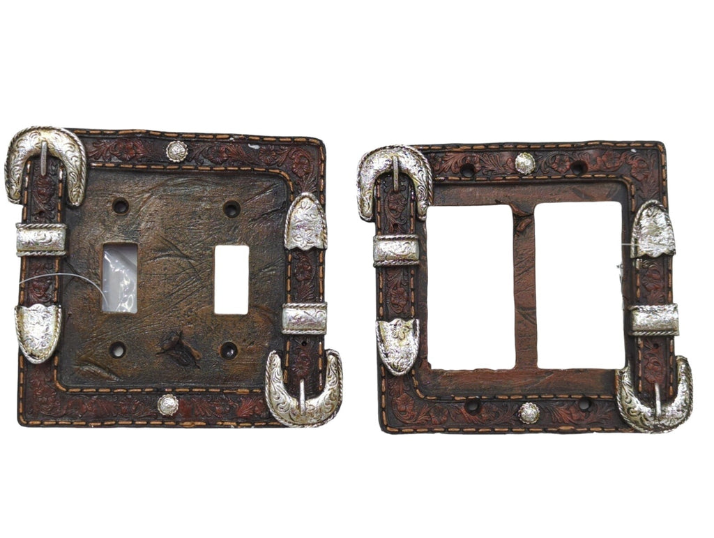 Silver Belt Buckle Switch Plate Covers Faux Leather Look Rustic Western Decor