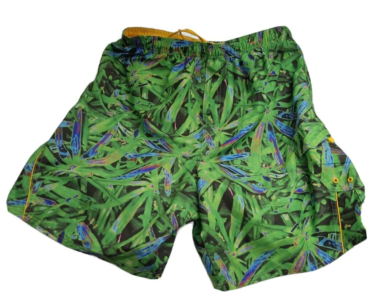 East West mens green & yellow swim trunks size Large