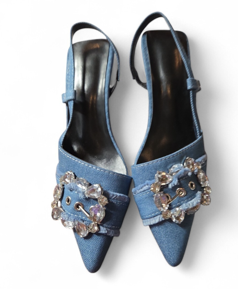 Womens Fashion Pointy Toe Buckle Strap Fringe Denim Sandals Kitten Heel