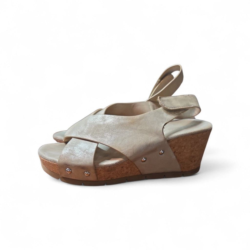 Indigo Rd. Beige Faux Suede Criss Cross Ankle Strap Wedge Heel Sandals