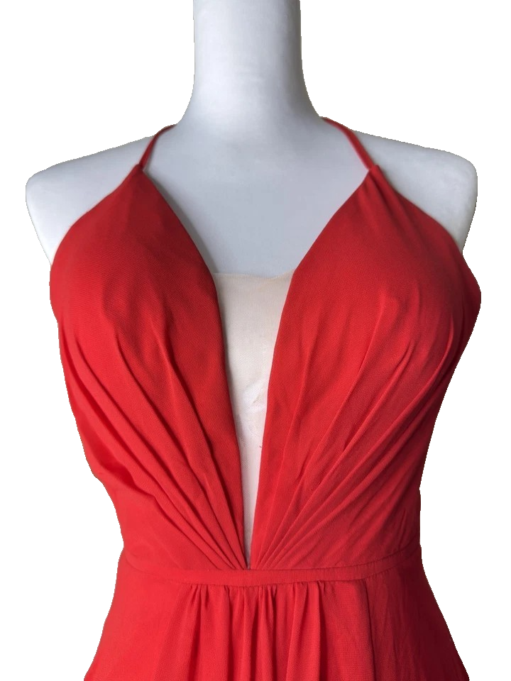 FAVIANA Women's Illusion Plunge Chiffon Gown Red Prom Maxi Dress V Neck Formal 0