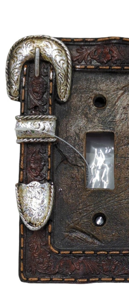 Silver Belt Buckle Switch Plate Covers Faux Leather Look Rustic Western Decor