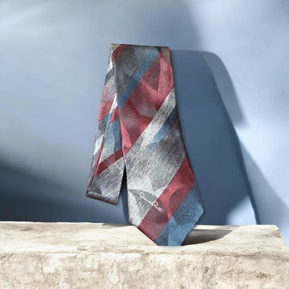 VINTAGE Oscar De La Renta Silk Tie Burgundy, Blue, Gray Abstract Tie