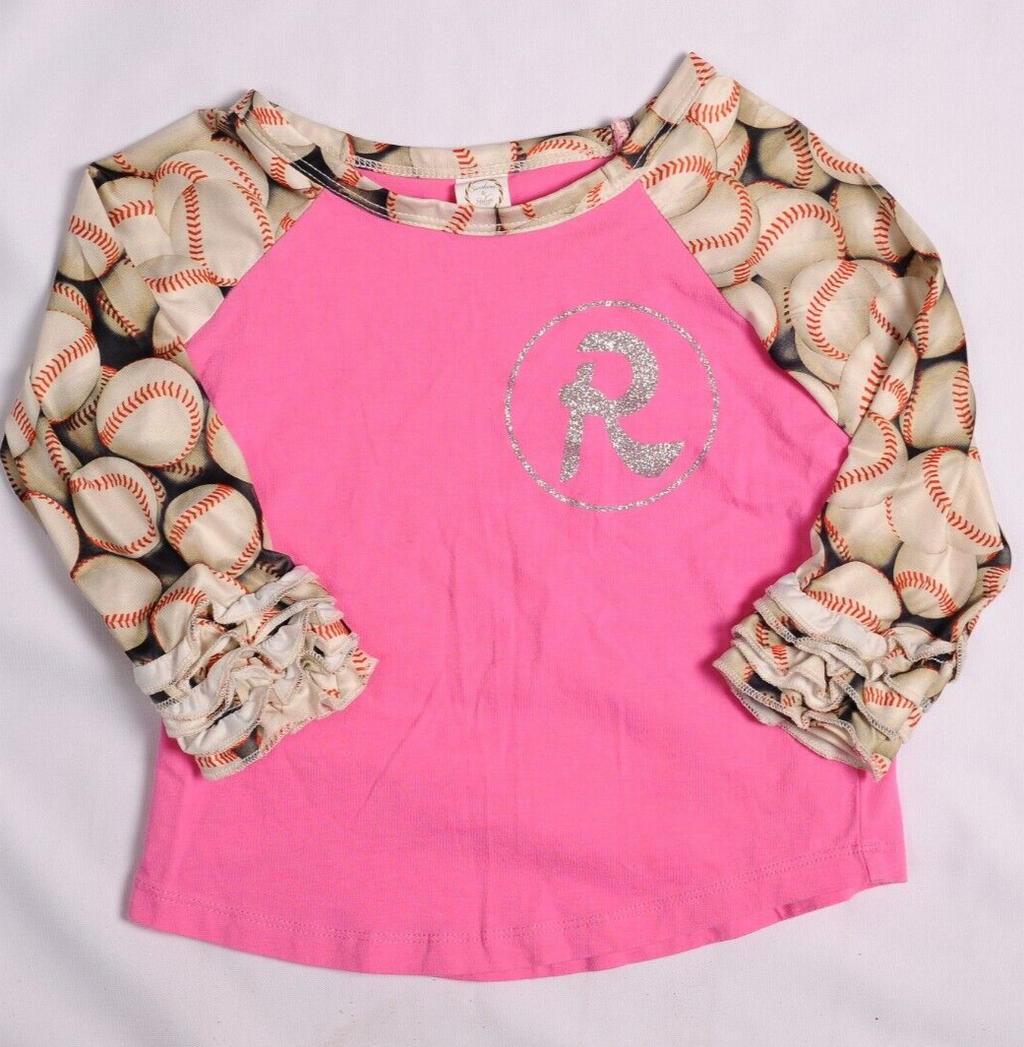 Sunshine & Rodeos Pink with glitter R baseball T shirt