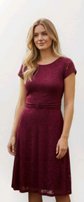 Perceptions Cranberry Lace A-line Fit & Flahe Dress Women Size 14 Short Sleeve