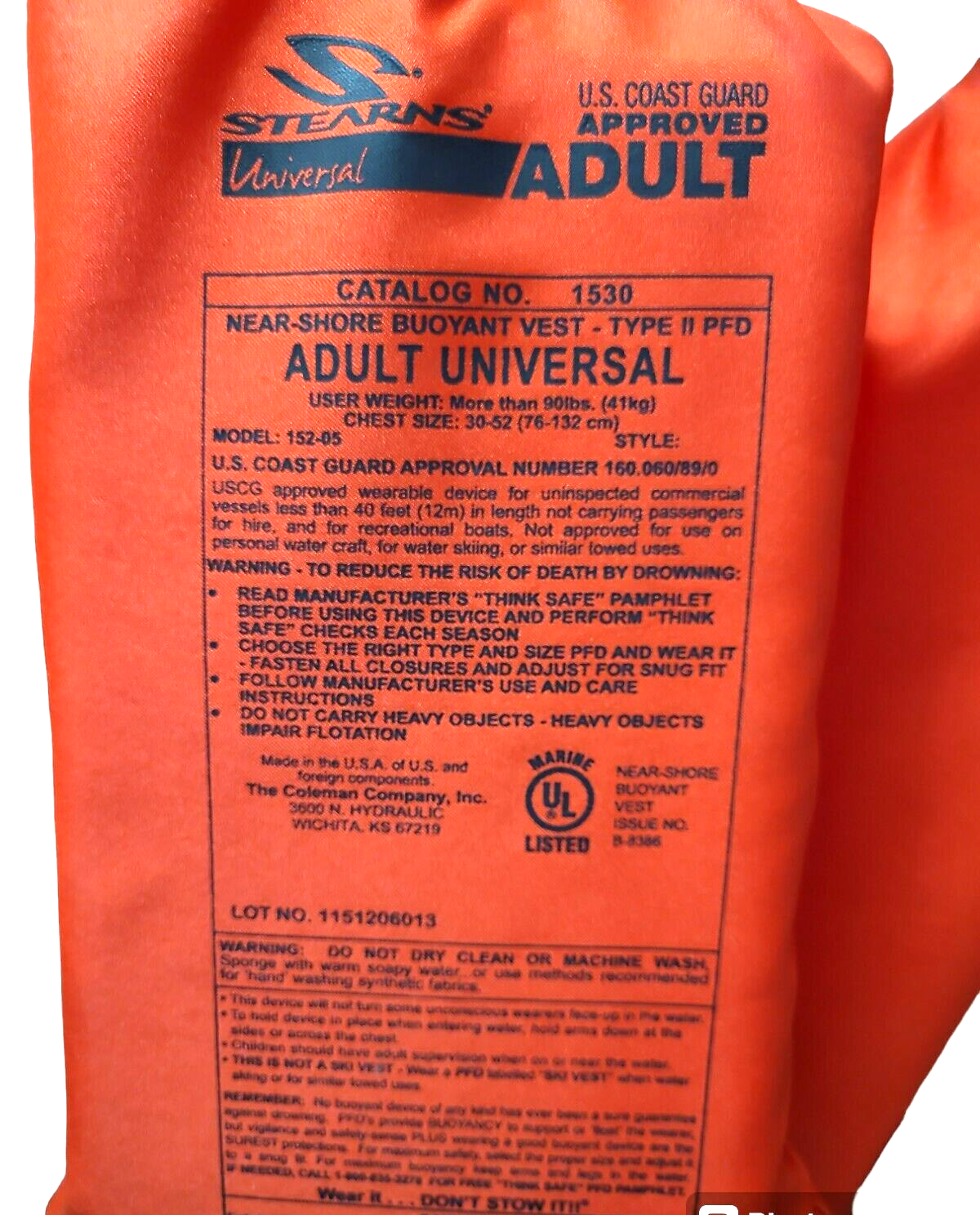 Stearns Type II Life Vest Jacket Adult Universal Model 1530