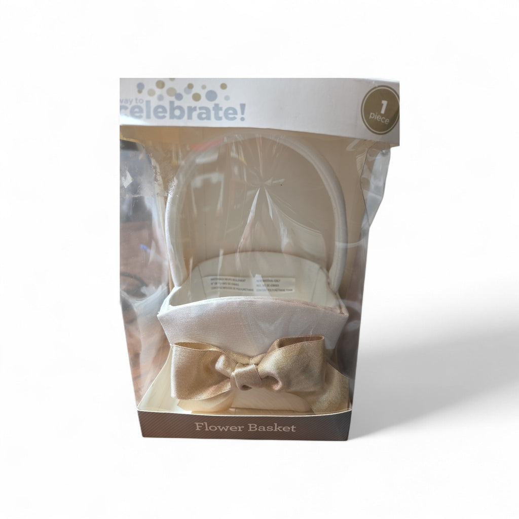 Way To Celebrate White Flower Girl Basket Satin with Gold Bow