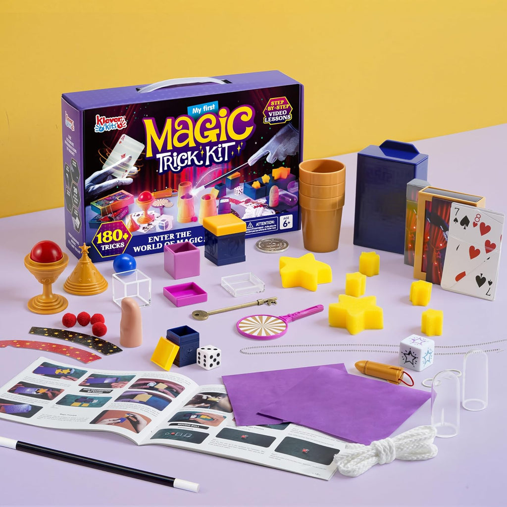 JOVA Klever Kits 180+ Magic Set- My First Magic Trick Kit- Amazing Magician Toy with Step-by-Step Video Lessons, for Kids Aged 6+ Easy Tricks of Wand and Illusion Cards