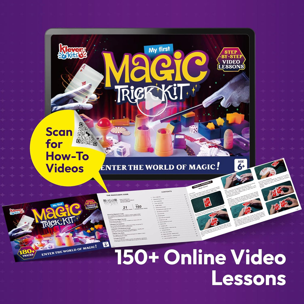 JOVA Klever Kits 180+ Magic Set- My First Magic Trick Kit- Amazing Magician Toy with Step-by-Step Video Lessons, for Kids Aged 6+ Easy Tricks of Wand and Illusion Cards