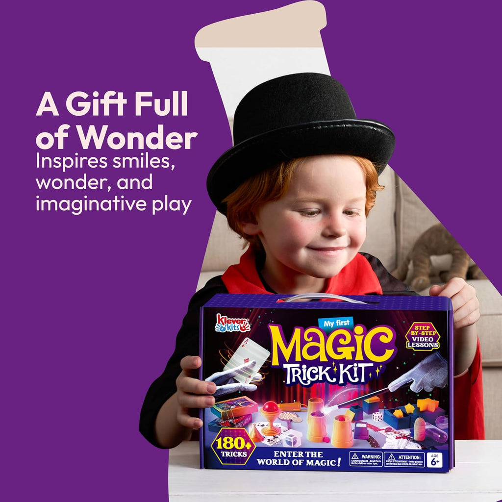 JOVA Klever Kits 180+ Magic Set- My First Magic Trick Kit- Amazing Magician Toy with Step-by-Step Video Lessons, for Kids Aged 6+ Easy Tricks of Wand and Illusion Cards