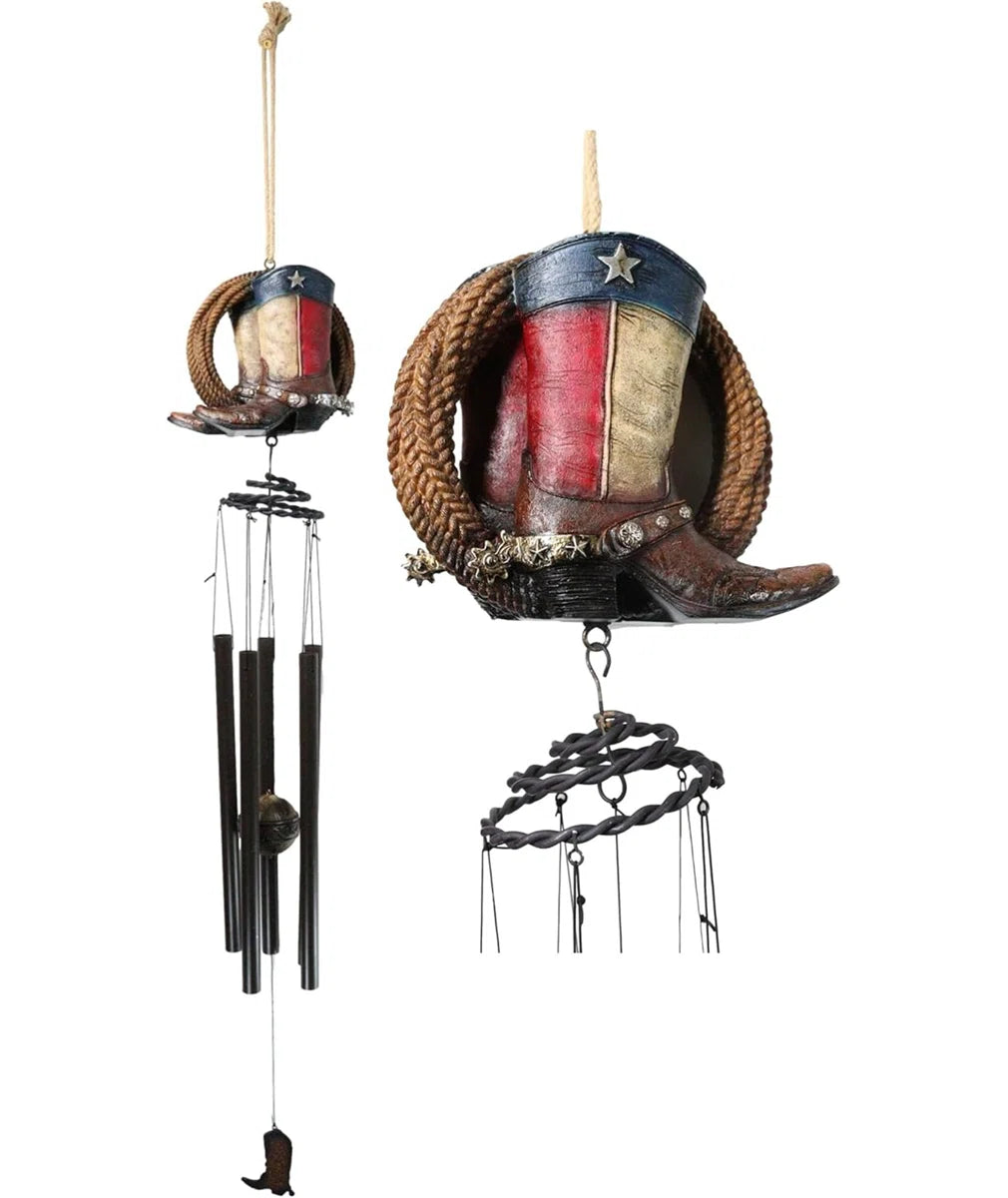 Western Country Rustic Texas Cowboy Boot With Lasso Ropes Hanging Wind Chime