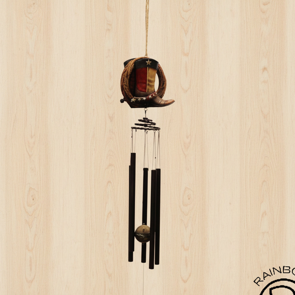 Western Country Rustic Texas Cowboy Boot With Lasso Ropes Hanging Wind Chime