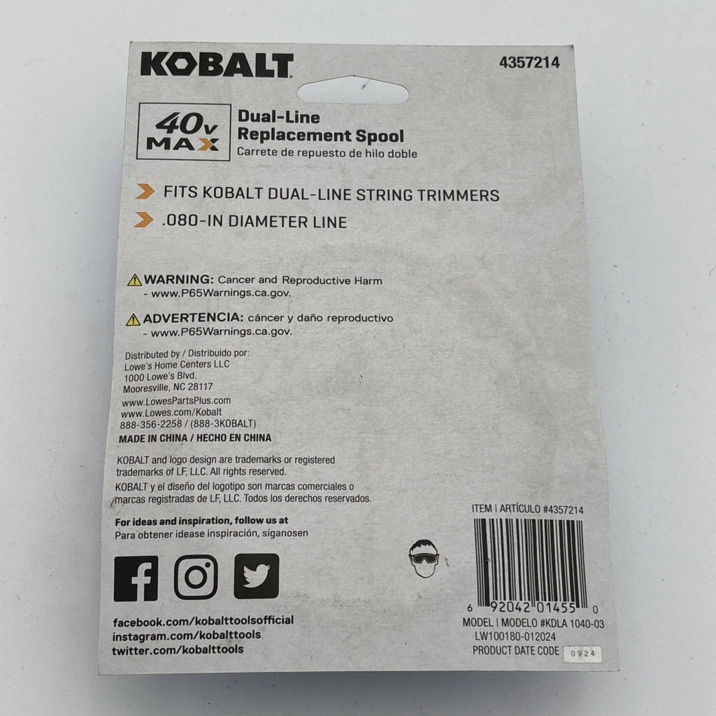 Kobalt 40V Max Dual-Line Replacement Spool 080 In 16 Ft String Trimmer Line
