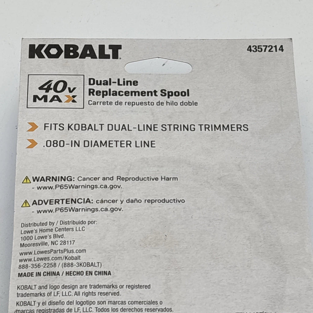 Kobalt 40V Max Dual-Line Replacement Spool 080 In 16 Ft String Trimmer Line