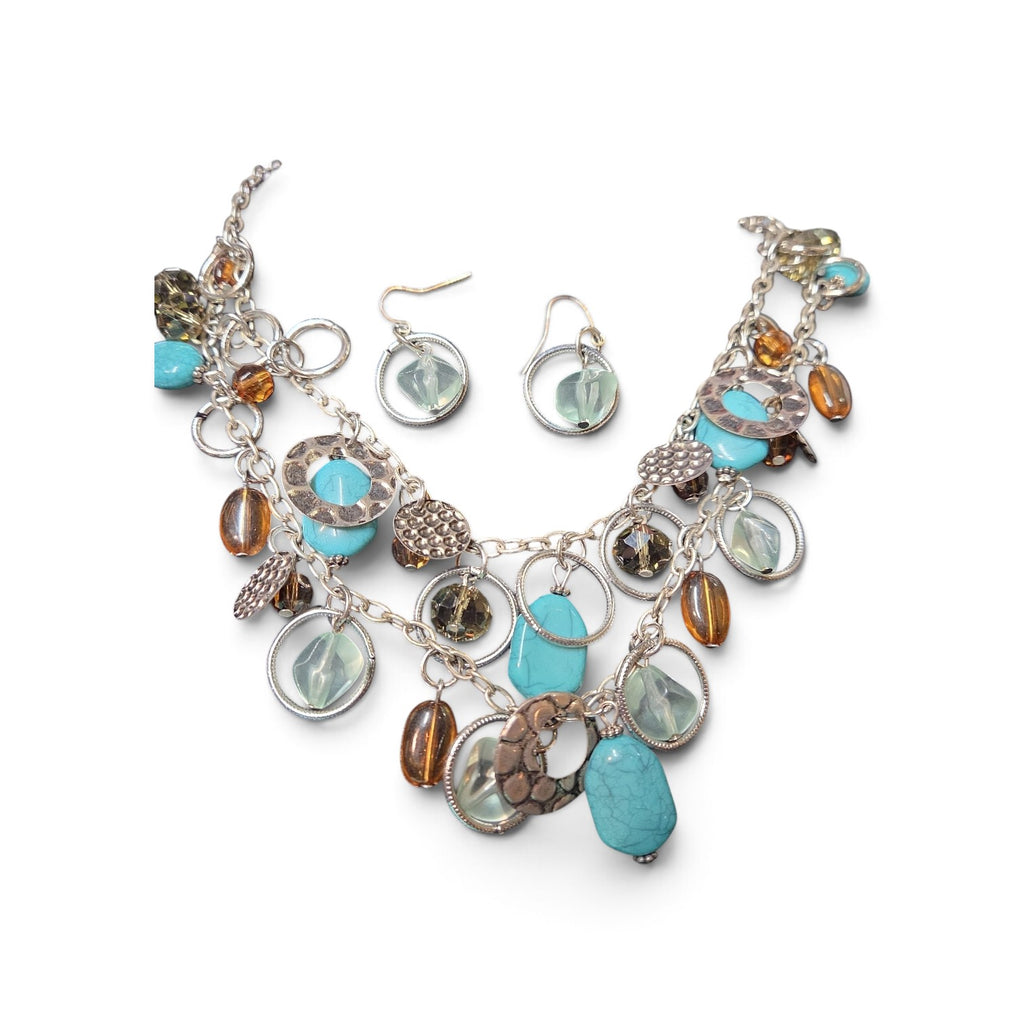 P&G Collections Fashion Jewelry Necklace and Earring set Turquoise and Brown Acrylic Glass